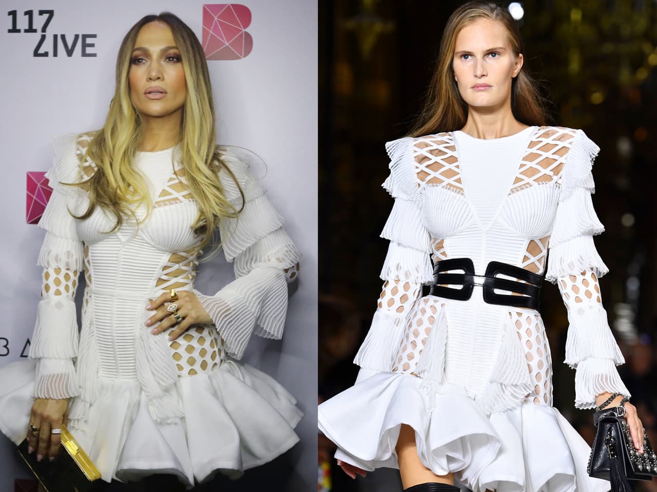 El vestido que usó para esa noche ya lo habíamos visto, pero en las pasarelas de Balmain, en París, Francia y con accesorios negros, contrario a como lo usó JLo.