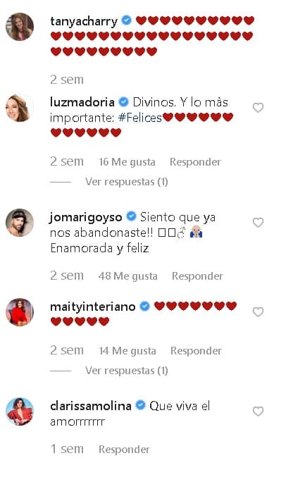 Al pie de la fotografía publicó decenas de corazones y los comentarios de sus amigos y compañeros de Univisión no se hicieron esperar. Jomari Goyso, Clarissa Molina y Maity Interiano reaccionaron a su felicidad y le aplaudieron al amor.