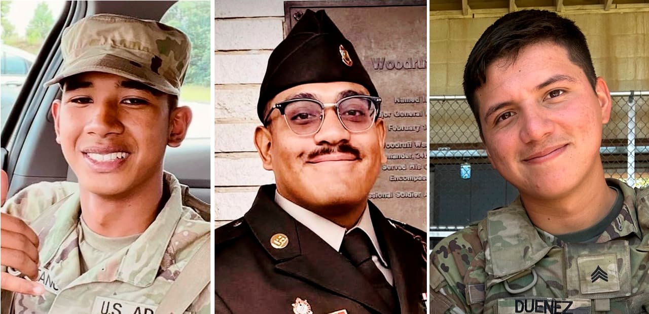 Esta combinación de imágenes muestra, de izquierda a derecha, al soldado de primera clase del ejército Dante D. Taitano, de 21 años, de Dededo, Guam; al sargento Edwin F. Franco, de 25 años, de Glendale, California; y al sargento José Duenez, de 25 años, de Joliet, Illinois; tres de los cuatro soldados que fallecieron en un accidente de entrenamiento cerca de Pabradė, Lituania, en marzo de 2025.