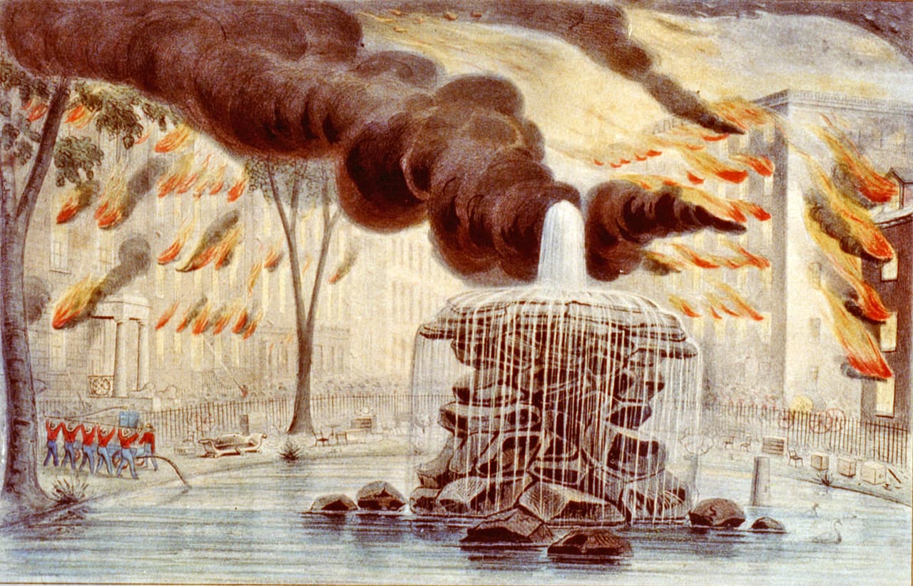 <b>INCENDIO DE 1845: </b>El Gran Incendio de Nueva York de 1845 destruyó decenas de edificios en el bajo Manhattan, provocó explosiones y mató a 30 personas, según los relatos históricos.