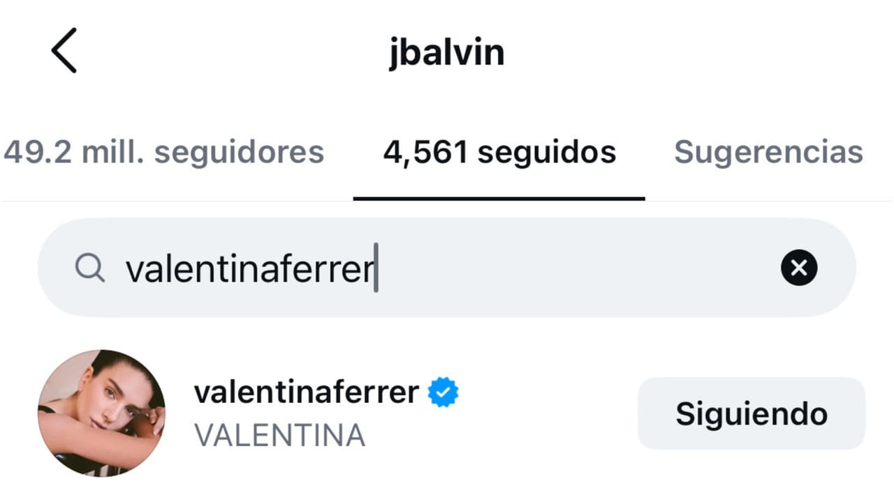 En esta otra captura de la cuenta de Instagram de J Balvin tomada este domingo 20 de septiembre se comprueba que él aún seguía a Valentina Ferrer.