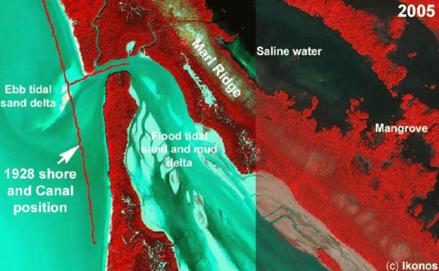 Imagen de Google Earth de Cape Sable con imagen sobrepuesta de la de la orilla histórica, de Erik Stabenau