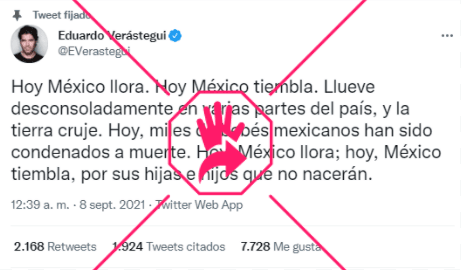 Captura de pantalla tomada del Twitter de Eduardo Verástegui el 9 de septiembre de 2021.