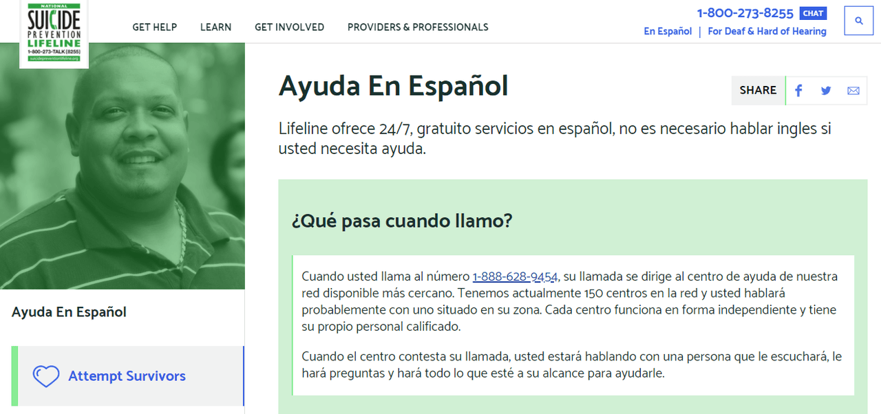 Si estás deprimido o tienes pensamientos suicidas busca ayuda: 
<br>
<h3 class="cms-H3-H3">¿Quieres hablar?</h3> La Línea Nacional de Prevención del Suicidio (1-800-273-8255) está abierta las 24 horas del día, con una opción para hispanohablantes (1-888-628-9454).
<br>
<h3 class="cms-H3-H3">¿Prefieres chatear?</h3> Ve a la página de inicio de Lifeline 
<a href="https://suicidepreventionlifeline.org/help-yourself/en-espanol/" target="_blank">https://suicidepreventionlifeline.org/</a> y haz clic en el botón “chat” en la esquina superior derecha.