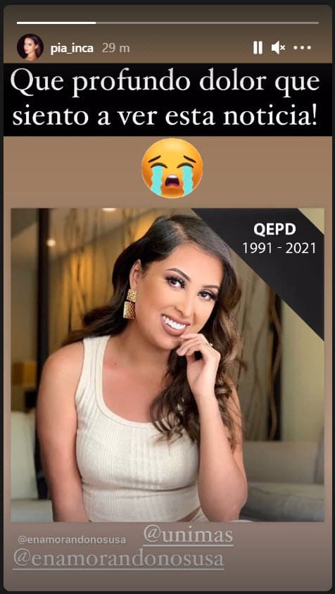 <b>Pia Inca</b>, otra de las famosas exparticipantes de 
<b>Enamorándonos</b>, admitió sentir un "profundo dolor" tras enterarse de lo sucedido.