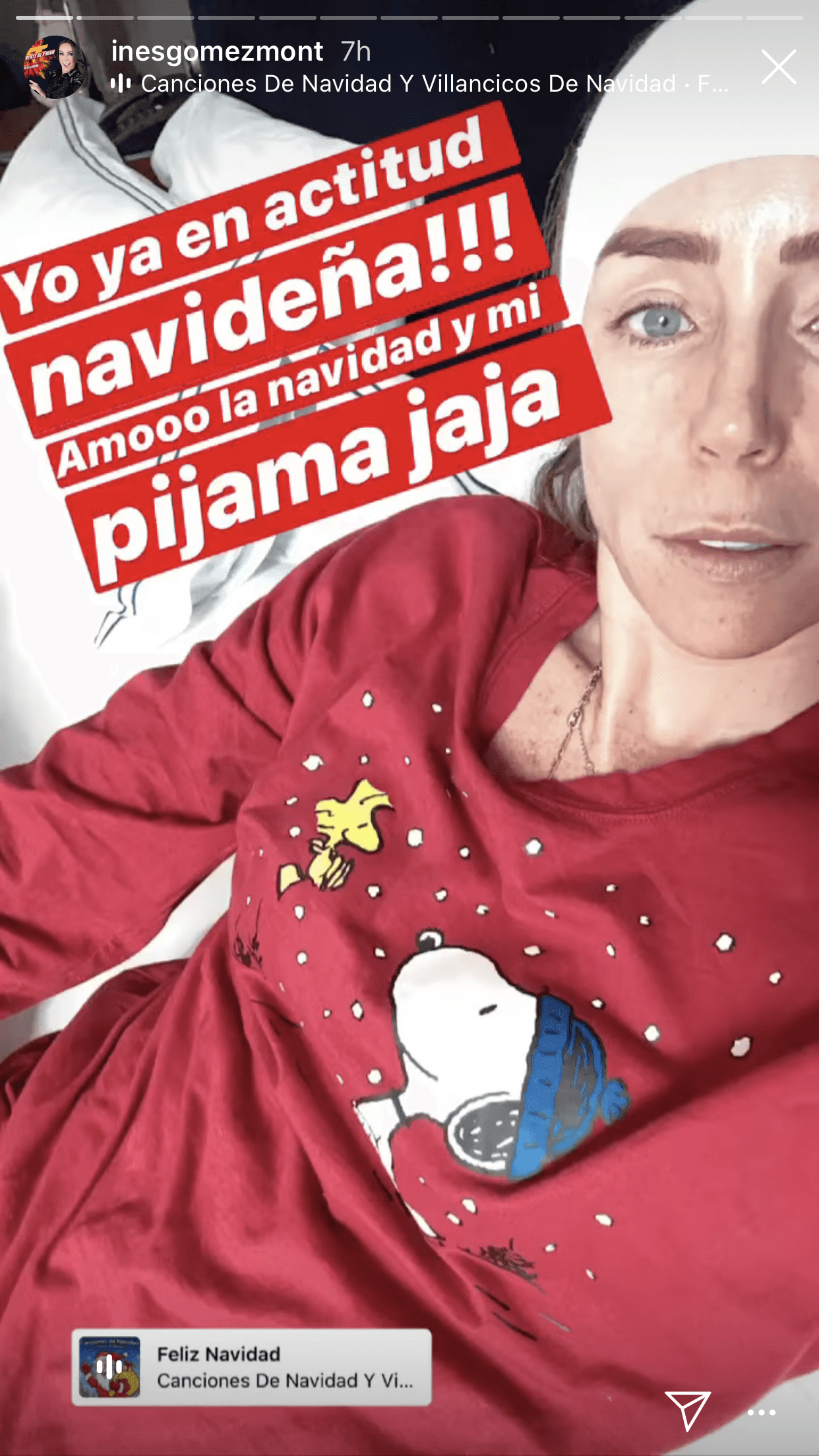 En otra de sus historias de Instagram, Inés Gómez Mont compartió esta imagen en la que expresó que adora la Navidad y presumió su pijama con temática invernal