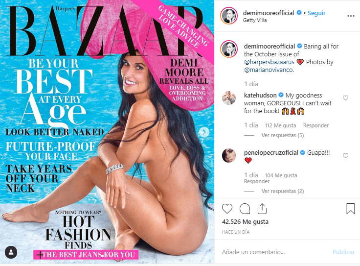 Demi Moore, de 56 años, publicó en sus redes sociales la portada de la revista Harper's Bazaar, que ella protagoniza, posando únicamente con un sombrero y una pulsera.