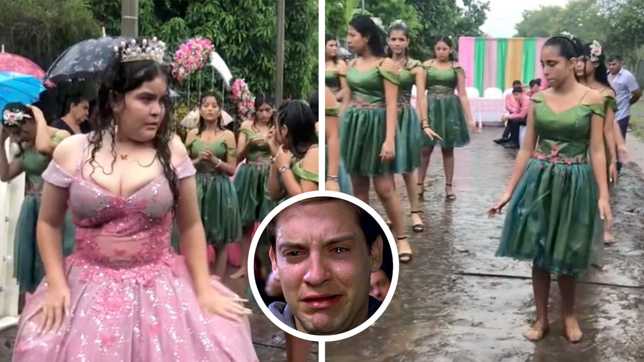 Quinceañera sigue con su fiesta a pesar de la lluvia y baila su vals en el lodo