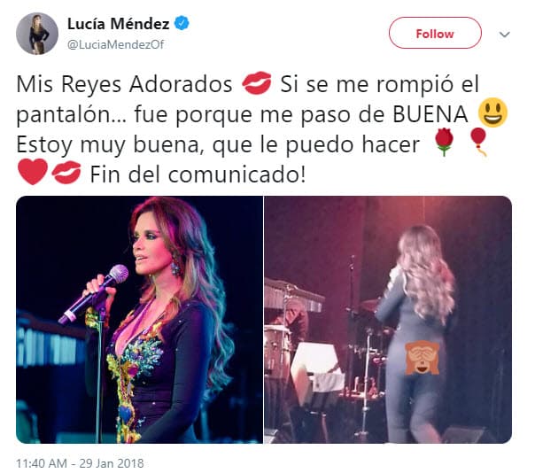 "Mis reyes adorados, sí se me rompió el pantalón... fue porque me paso de buena. Estoy muy buena, qué le puedo hacer. ¡Fin del comunicado!", escribió junto a las fotografías.
<br>