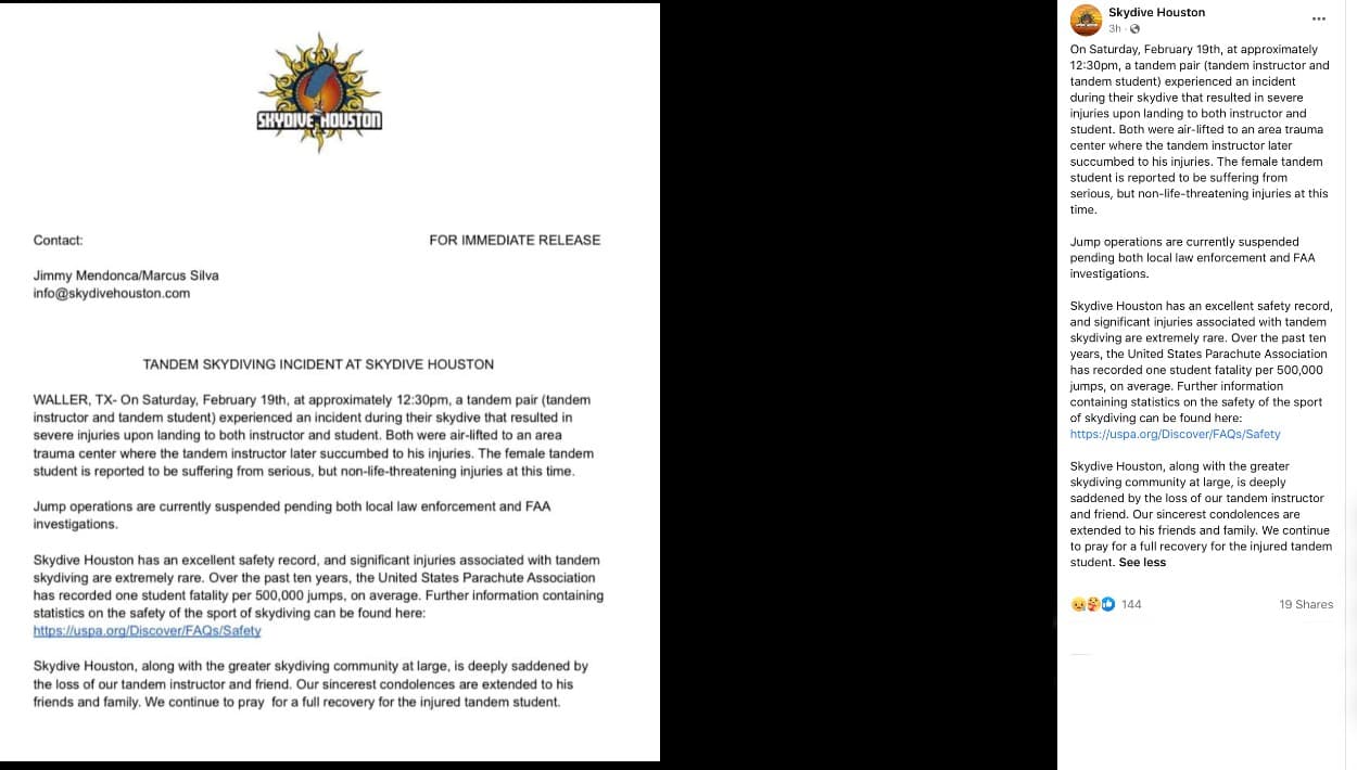 A través de este comunicado, la empresa Skydive lamentó la muerte de su empleado y amigo, al igual que el hecho de que una de sus clientas está herida. No obstante, esperan por los resultados de la investigación.