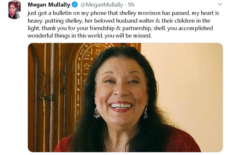 La actriz Megan Mullally se despidió de Morrison 
<b><a href="https://twitter.com/MeganMullally" target="_blank">en Twitter</a></b>: "
<b>Mi corazón está triste</b>. Pongo en la luz a Shelley, su amado esposo Walter y a sus hijos. Gracias por tu amistad y compañerismo, 'Shell'. Has logrado cosas maravillosas en este mundo. Te echaremos de menos". En 
<b>Instagram</b>, también la recordó, concluyendo su mensaje con un sentido 
<b><a href="https://www.instagram.com/p/B5jqCzhJmkY/" target="_blank">"te amo, mami"</a></b>.