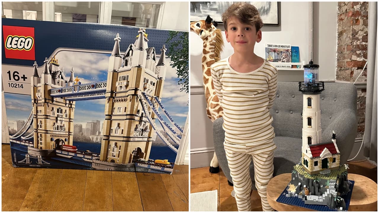 Luca Schneider Palazio con su proyecto actual un set de Lego de 10,214 piezas. Y con el faro que armó durante esta entrevista.