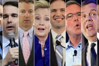 De izquierda a derecha los precandidatos presidenciales Mike Huckabee, Scott Walker, Rand Paul, Hillary Clinton, Marco Rubio, Jeb Bush, Cris Christie y Ted Cruz.