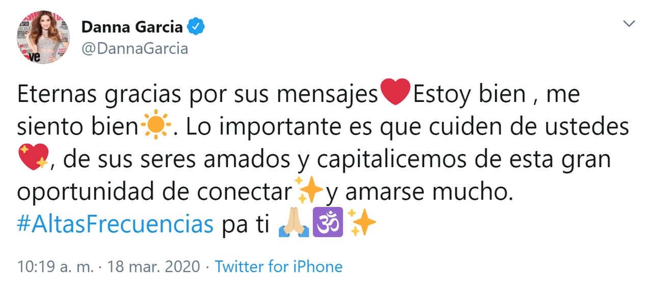 Mientras tanto, este miércoles 18 la artista dio una actualización sobre su estado de salud con un nuevo tuit. "Eternas gracias por sus mensajes.
<b><a href="https://twitter.com/DannaGarcia/status/1240311793207123968" target="_blank">Estoy bien, me siento bien</a></b>".
<br>