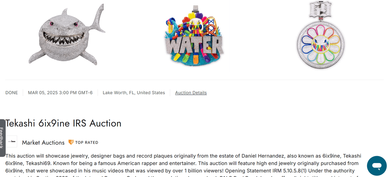 En 2025 varias de las joyas de Tekashi fueron subastadas por el Servicio de Impuestos Internos de Estados Unidos.