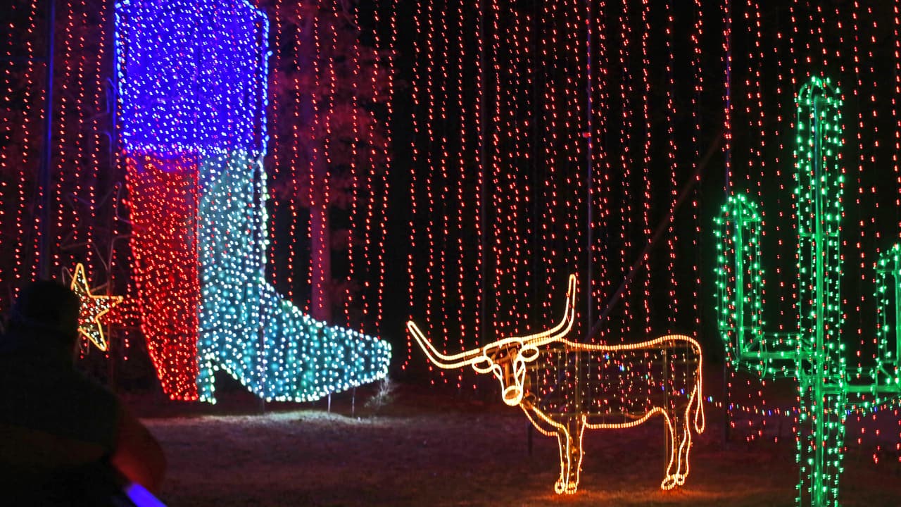El orgullo texano queda plasmado en este escenario que destaca un toro de cuernos largos, un cactus y las botas vaqueras.