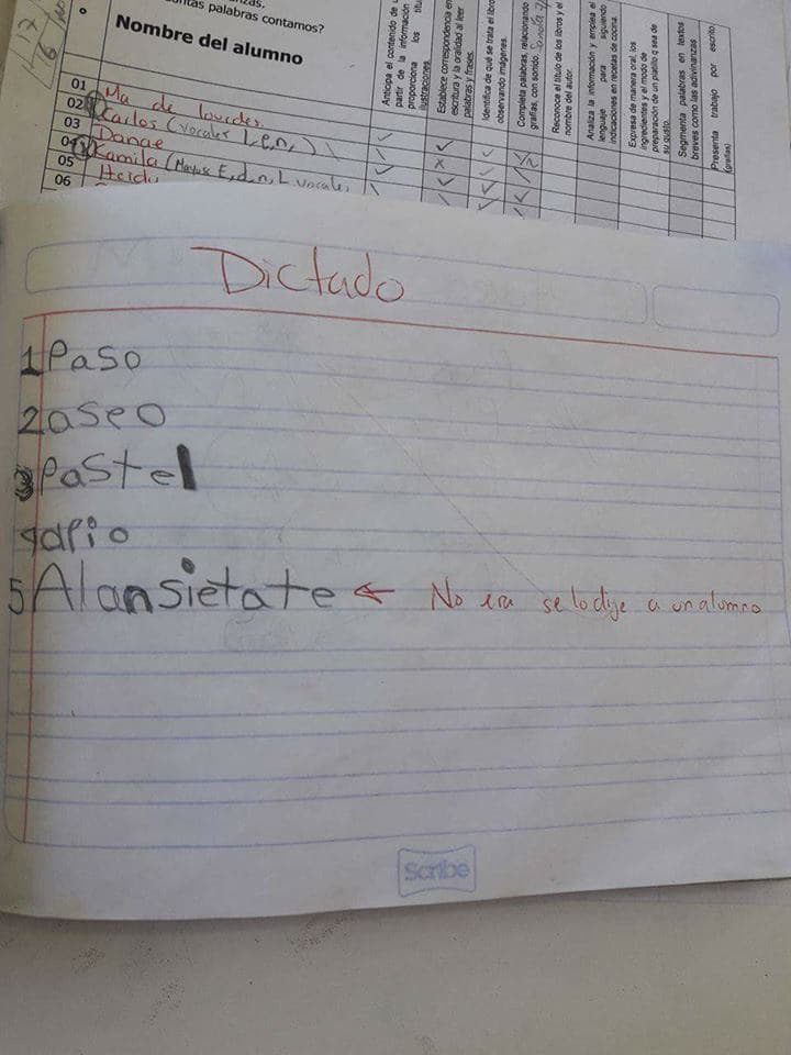 <b>Un dictado demasiado literal </b>
<br>En la hoja de cuaderno fotocopiada por el maestro se leen palabras que forman parte de un dictado escolar. Primero la palabra paso, luego aseo, después pastel y apio. Sin embargo, la número cinco es una frase que
<a href="https://www.facebook.com/cosasprofes/photos/a.1726789190966719.1073741827.1720096158302689/1833369500308687/?type=3&theater"> no formaba parte del dictado</a>: “Alan, siéntate” (en realidad dice Alansietate). El pequeño, siguiendo al pie de la letra las instrucciones del maestro, puso en el cuaderno todo lo que le oyó decir. El dictado se compartió en la 
<a href="https://www.facebook.com/cosasprofes/posts/1833369526975351">página de Facebook "cosas de profes"</a> y enseguida se convirtió en viral.