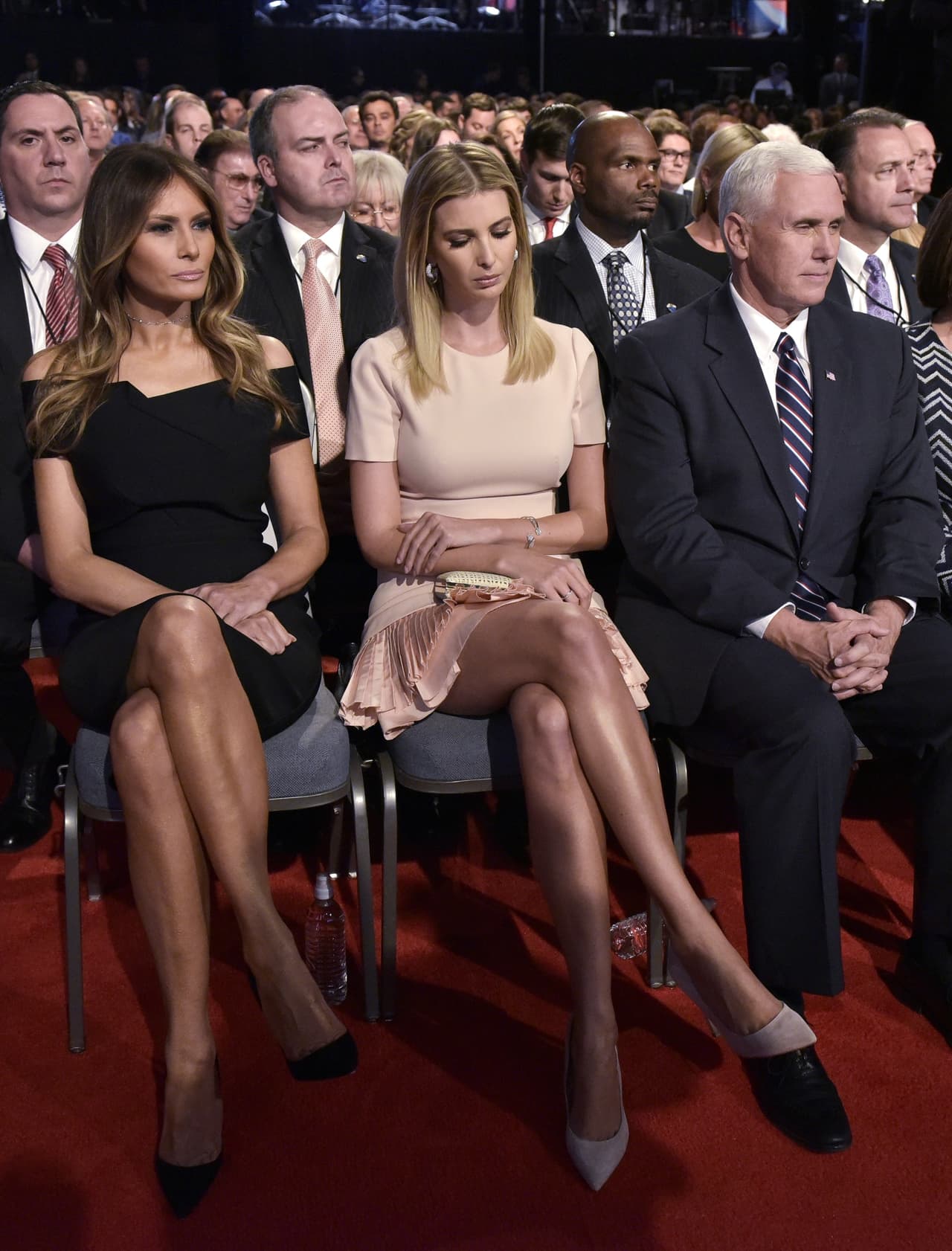 From left: Melania Trump, Ivanka Trump, and Republican vice presidential nominee Mike Pence are seen in the audience of the first presidential debate at Hofstra University in Hempstead, New York on September 26, 2016.