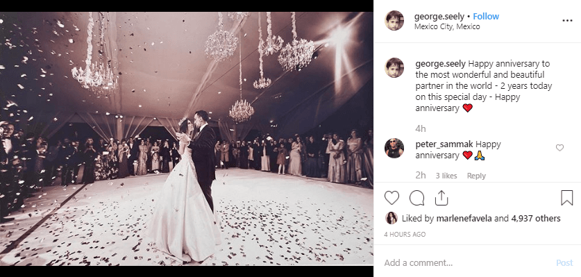 George Seely también compartió una imagen de su enlace matrimonial y le escribió: "Feliz aniversario a la más maravillosa y hermosa compañera en el mundo - dos años desde ese día especial - Feliz aniversario".