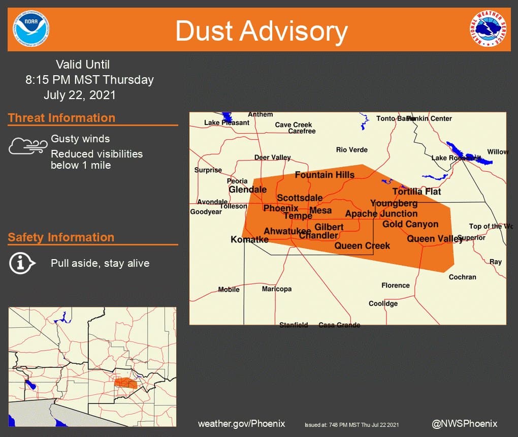 <a href="https://twitter.com/NWSPhoenix/status/1418402713872699396/photo/1" target="_blank">El Servicio Meteorológico Nacional en Phoenix</a> ha emitido un aviso de polvo este jueves. Las ciudades bajo esta alerta incluyen: Phoenix, Mesa, Scottsdale, Chandler, Gilbert, Queen Creek, entre otras.
<br>