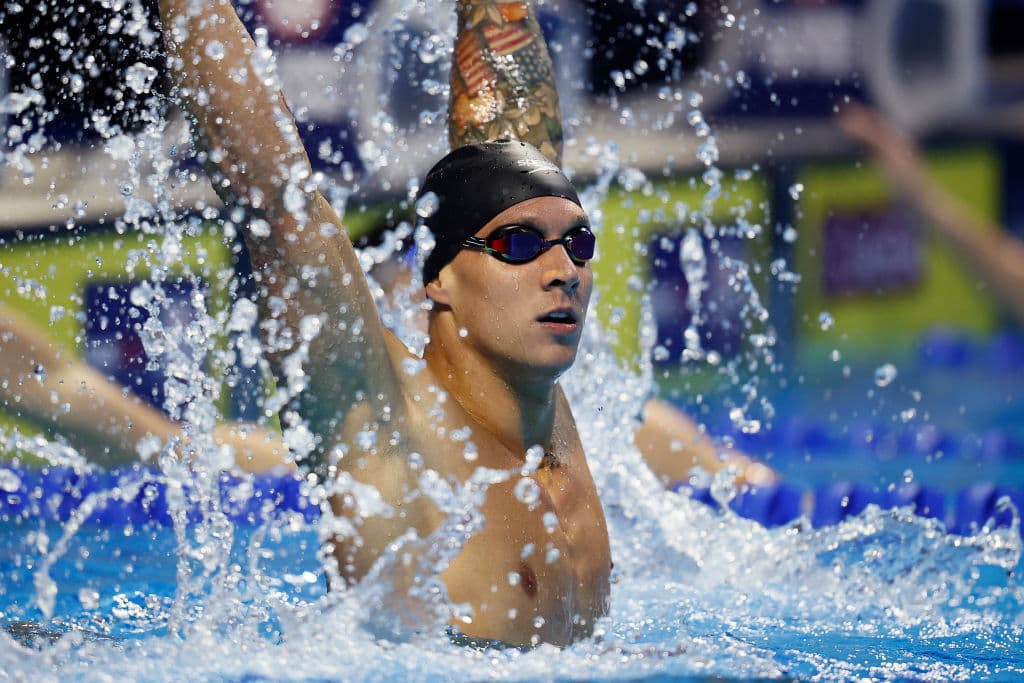 OMAHA, NEBRASKA - JUNE 17: Caeleb Dressel of the United States reacts after competing in the Men’s 100m freestyle final during Day Five of the 2021 U.S. Olympic Team Swimming Trials at CHI Health Center on June 17, 2021 in Omaha, Nebraska. (Photo by Tom Pennington/Getty Images)