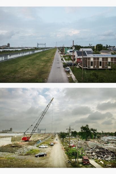 Casas nuevas fueron construidas a lo largo del reconstruido Canal Industrial de diques en el Lower Ninth Ward. Diez años antes, trabajadores trabajaban en reconstruir el dique.