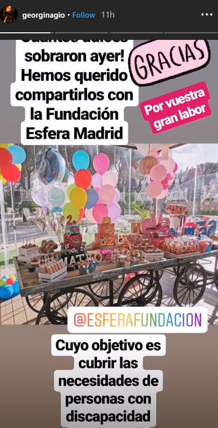 A través de sus historias de Instagram, informó que compartió los dulces y postres de la fiesta de sus mellizos con una fundación que ayuda a personas con discapacidad.