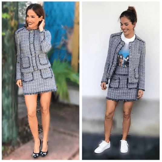 Este tipo de sacos son de los más clásicos, si lo llevas abrochado lucirá más formal, pero Karla sabe cómo transformarlo.