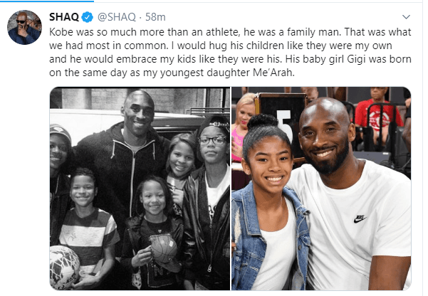 "Kobe era mucho más que un atleta, era un hombre de familia", escribió Shaqulle O´'Neal. "Eso era lo que más teníamos en común. Abrazaba a sus hijos como si fueran míos y él abrazaba a mis hijos como si fueran suyos. Su pequeña, Gigi, nació el mismo día que mi hija menor, Me’Arah".