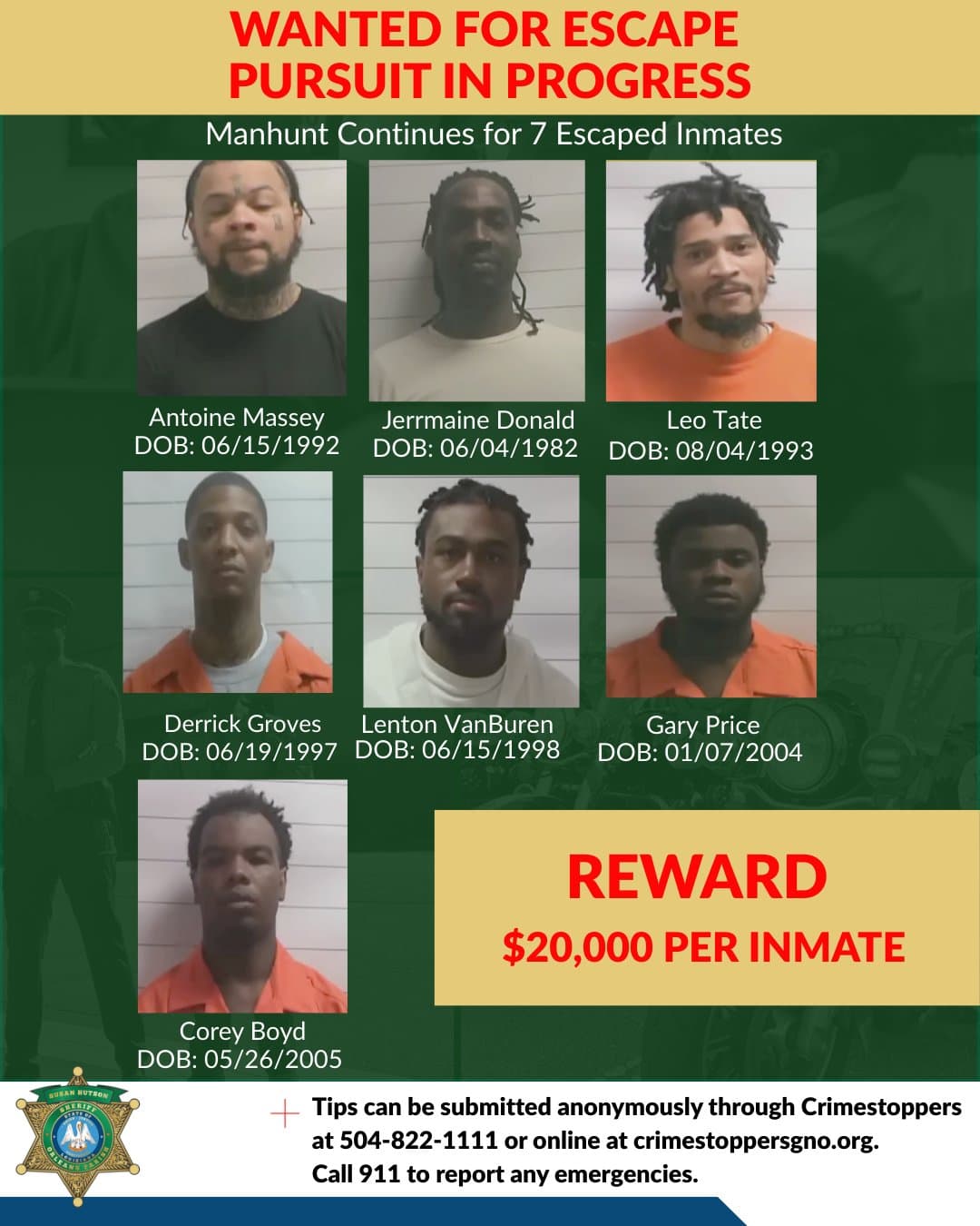 Continúa la búsqueda de los siete reclusos que escaparon del Centro de Justicia de Orleans