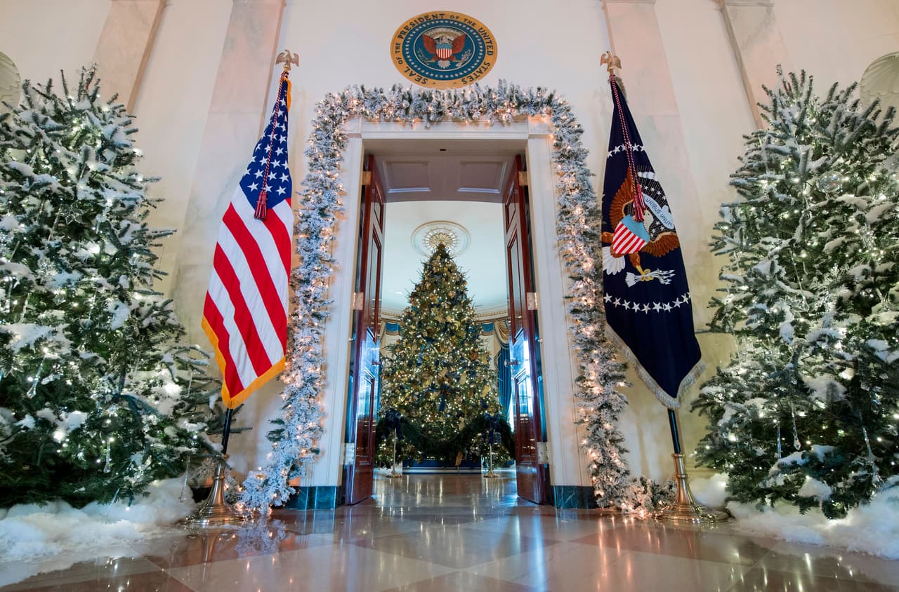 Un bosque de árboles cubiertos de nieve artificial en el gran vestíbulo de la Casa Blanca. La puerta flanqueada por las banderas de EEUU y la del presidente da paso al Salón Azul.