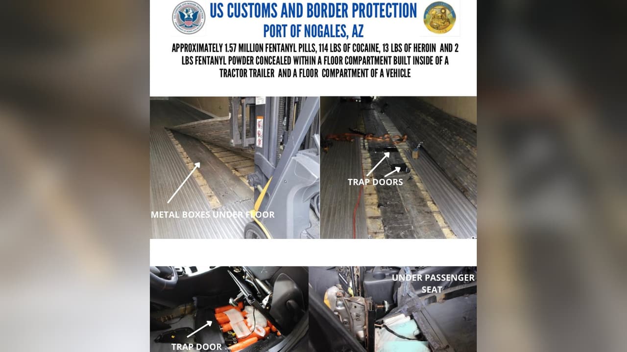 Hallan 1.5 millones de pastillas de fentanilo y otras drogas en un vehículo en la garita de Nogales