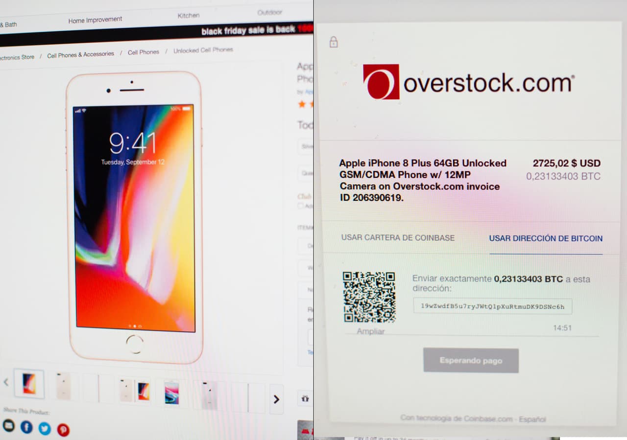 El popular Iphone 8 Plus de 64 GB costaba 0.23133403 bitcoin al momento de la fotografía de overstock.com. Con el alza indetenible de la moneda virtual, el precio de esta divisa varía diariamente.