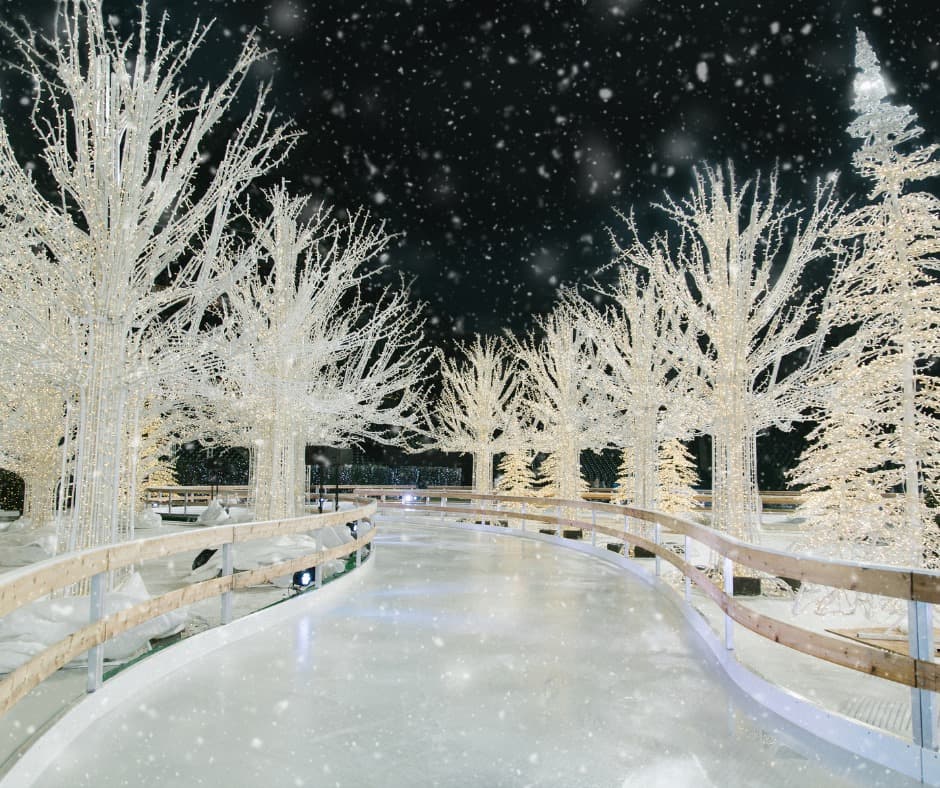 Caminos luminosos y árboles que parecen de cuento, podrás apreciar mientras patinas sobre la mega pista de hielo.