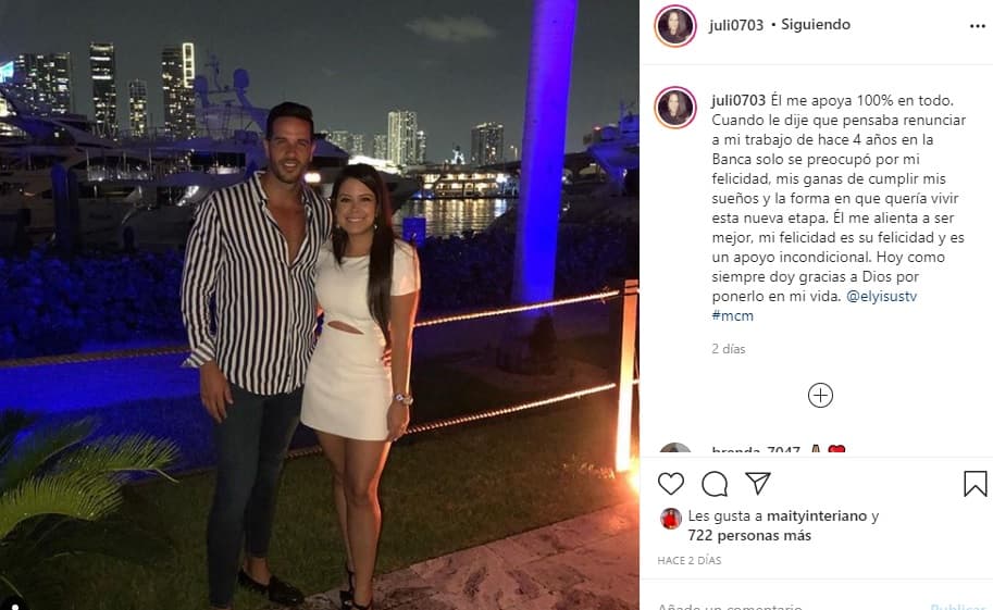 Juliana compartió la misma imagen en la que Yisus junto con un texto en el que expresa sus sentimientos por Yisus: "Él me alienta a ser mejor, mi felicidad es su felicidad y es un apoyo incondicional. Hoy como siempre doy gracias a Dios por ponerlo en mi vida".