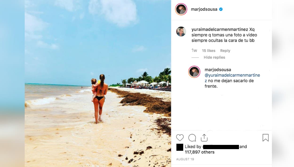 Hace una semana, Marjorie de Sousa dijo en respuesta a una seguidora de Instagram, que no mostraba la cara de su bebé “porque no me dejan sacarlo de frente”.
