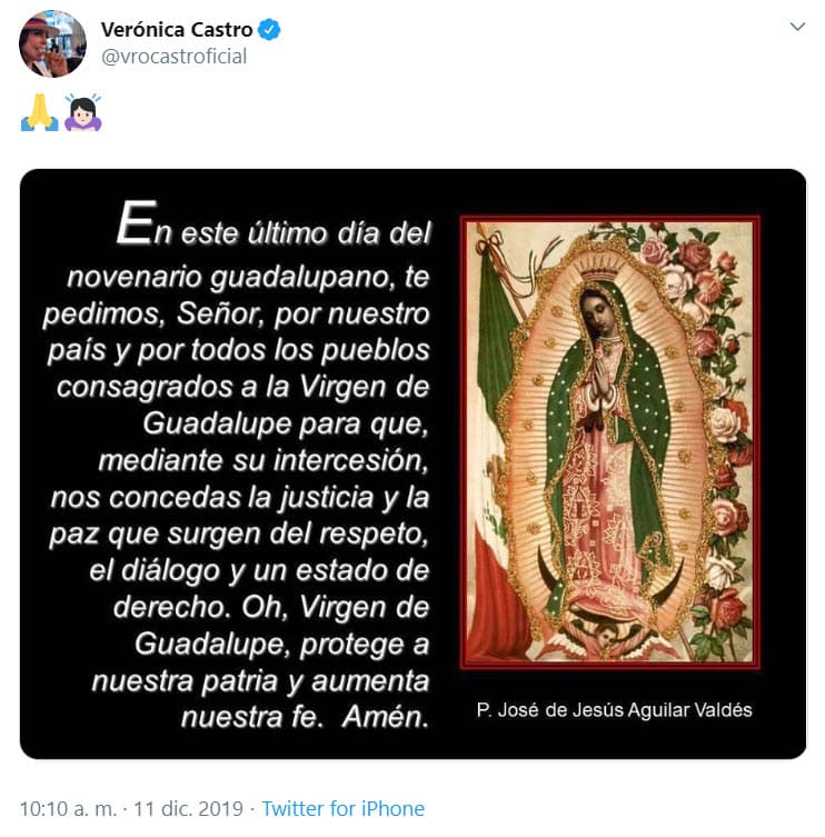 <b><a href="https://www.univision.com/famosos/hermana-de-yolanda-andrade-asegura-que-fue-testigo-de-la-supuesta-relacion-con-veronica-castro-fotos">Verónica Castro</a></b> ha sido otras de las estrellas que ha estado envuelta en el escándalo, debido a las declaraciones que hizo 
<a href="https://www.univision.com/famosos/yolanda-andrade-confiesa-que-engano-a-montserrat-oliver-con-veronica-castro-fotos">Yolanda Andrade</a>. Sin embargo, en este día tan especial volvió a demostrar su devoción por la guadalupana y compartió una oración dedicada al pueblo mexicano.