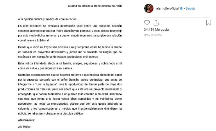 La joven actriz aprovechó sus redes sociales para compartir un comunicado de prensa donde afirmó que no mantiene ninguna relación amorosa con el productor de 'Like, la leyenda'.