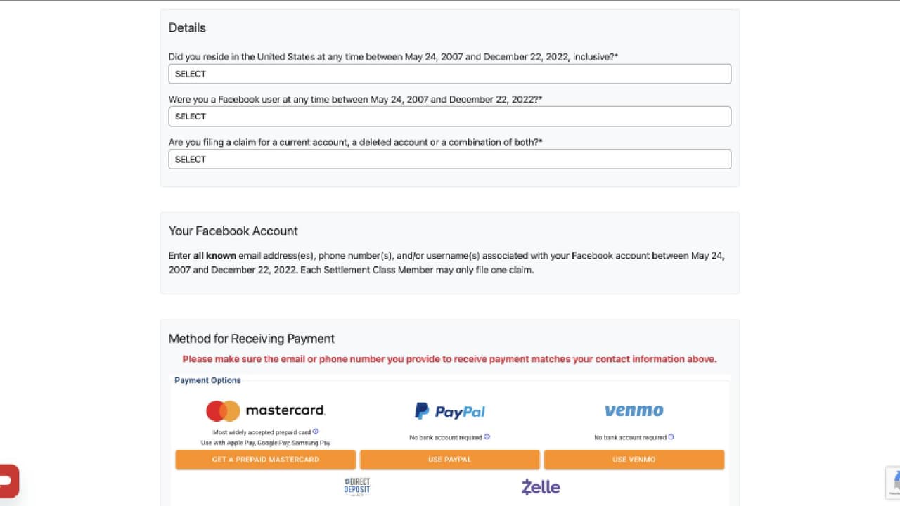 Después deberás agregar todas las direcciones de correo electrónico conocidas, números de teléfono y/o nombres de usuario asociados con tu cuenta de Facebook. Y finalmente elegir 
<b>el método de pago</b> a través del cual podrás recibir tu indemnización si eres elegible.