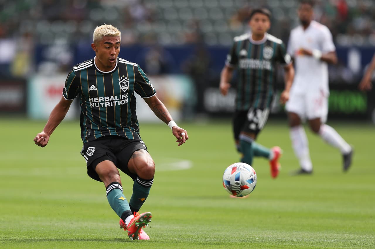 CARSON, CALIFORNIA - APRIL 25: Julian Araujo #2 of Los Angeles Galaxy handles the ball during the game against the New York Red Bulls at Dignity Health Sports Park on April 25, 2021 in Carson, California. (Photo by Meg Oliphant/Getty Images)