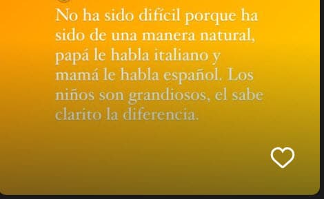 "No ha sido difícil porque ha sido de una manera natural. 
<b>Papá le habla italiano</b> y mamá le habla español. Los niños son grandiosos, él sabe clarito la diferencia", agregó. 
<br>