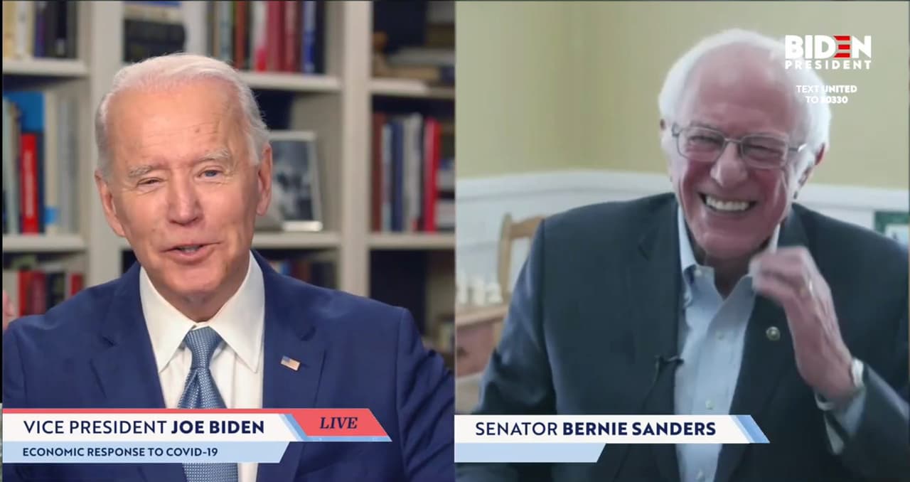 <b>Bernie Sanders:</b> "Estoy pidiendo a cada demócrata, estoy pidiendo a cada independiente, estoy pidiendo a muchos republicanos, que nos juntemos en esta campaña para apoyar a tu candidatura, la cual apoyo", dijo el senador por Vermont al participar junto al virtual candidato demócrata en
<a href="https://www.univision.com/noticias/elecciones-en-eeuu-2020/sanders-anuncia-su-apoyo-formal-a-biden-para-sacar-a-trump-de-la-casa-blanca">una transmisión en vivo vía internet el 13 de abril</a>.