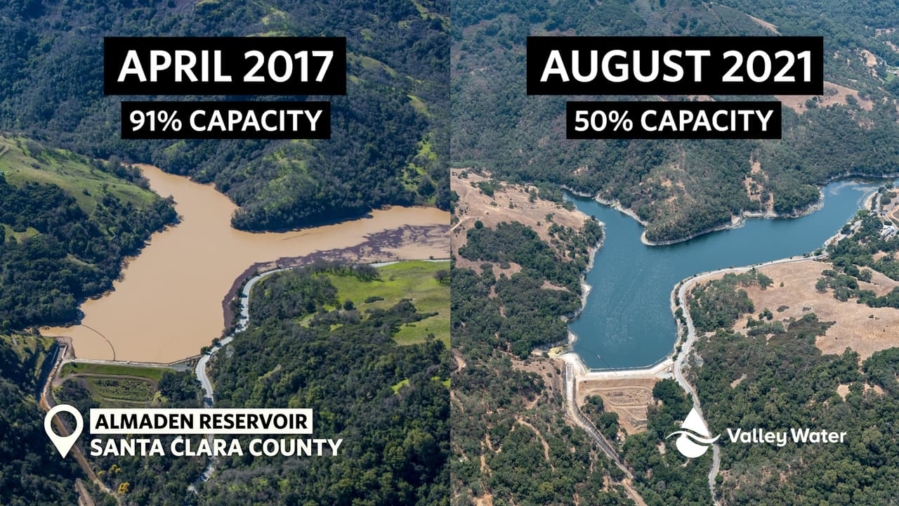 Los embalses del condado de Santa Clara se están secando dramáticamente. En la foto semuestra el embalse de Almaden.
<br>
