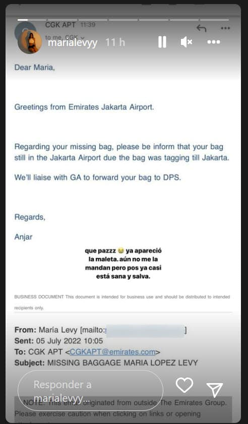 "Qué paz, ya apareció la maleta", escribió
<b><a href="https://www.univision.com/famosos/edad-talina-fernandez-desnuda-fotos" target="_blank">la nieta de Talina Fernández</a></b> luego de días de incertidumbre y gastos que seguramente estaban fuera de lo que había presupuestado.
<br>