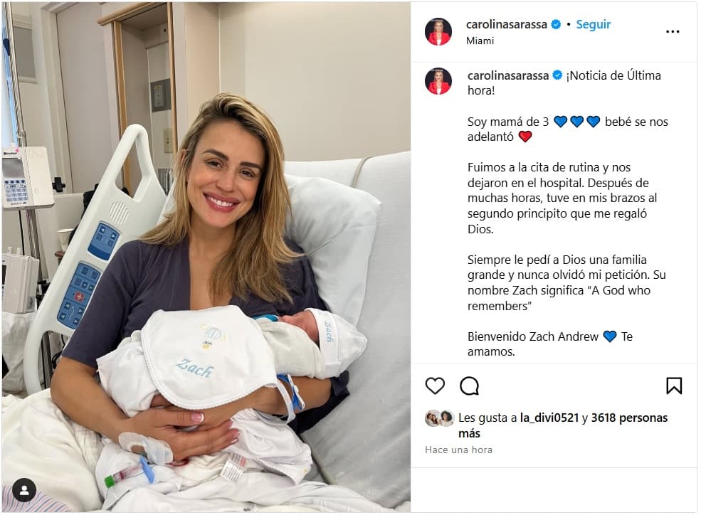 Carolina Sarassa revela que ya nació su tercer bebé, Zach Andrew.
