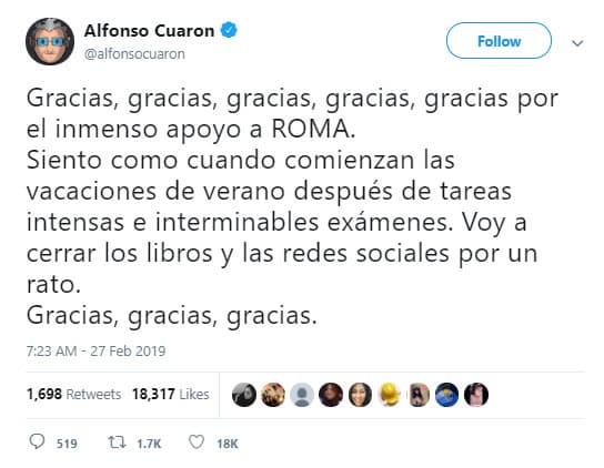 Este 27 de febrero Cuarón anunció a sus más de 300 mil seguidores en Twitter que se alejará un tiempo.