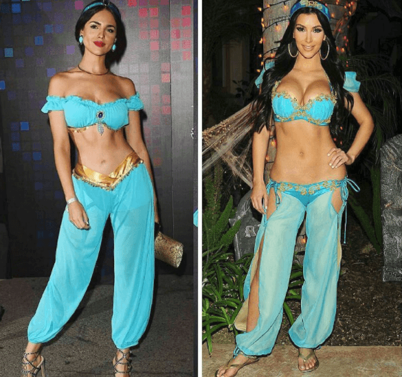 Usuarios de internet se dieron cuenta que Eiza había copiado uno de los looks de Kim Kardashian, quien apareció disfrazada de 'Jasmine' para celebrar el Día de brujas en 2016.