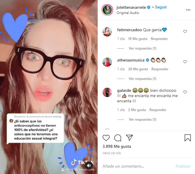 Hace un par de días Jolette usó su cuenta de Instagram para publicar un video en el que le respondió a una usuaria de TikTok sobre la efectividad de los anticonceptivos. La conductora le dijo: "No, aquí la pregunta es si tú sabes que tener relaciones sexuales conlleva responsabilidad y tiene consecuencias. Y si no estás lista para asumirlas, pues no tengas relaciones sexuales. No vamos a estar sacrificando vidas humanas porque no te puedes aguantar, neni".