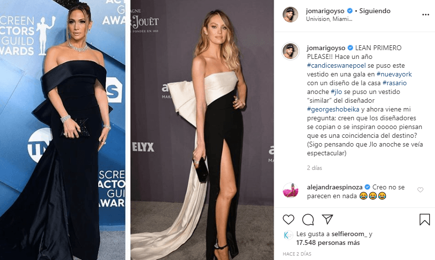 Todo comenzó cuando el experto en moda y belleza publicó el 20 de enero en Instagram, una imagen comparando el vestido que utilizó la ‘Diva del Bronx’ en la alfombra roja de los premios SAG y uno que usó hace un año la modelo Candice Swanepoel.
