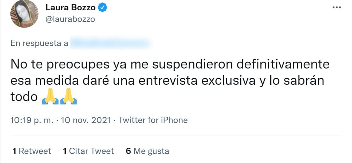 En otros mensajes publicados en días anteriores, Laura Bozzo ha advertido que pronto reaparecerá públicamente y que sus seguidores "sabrán todo" lo que ha acontecido con ella estos meses.
<br>